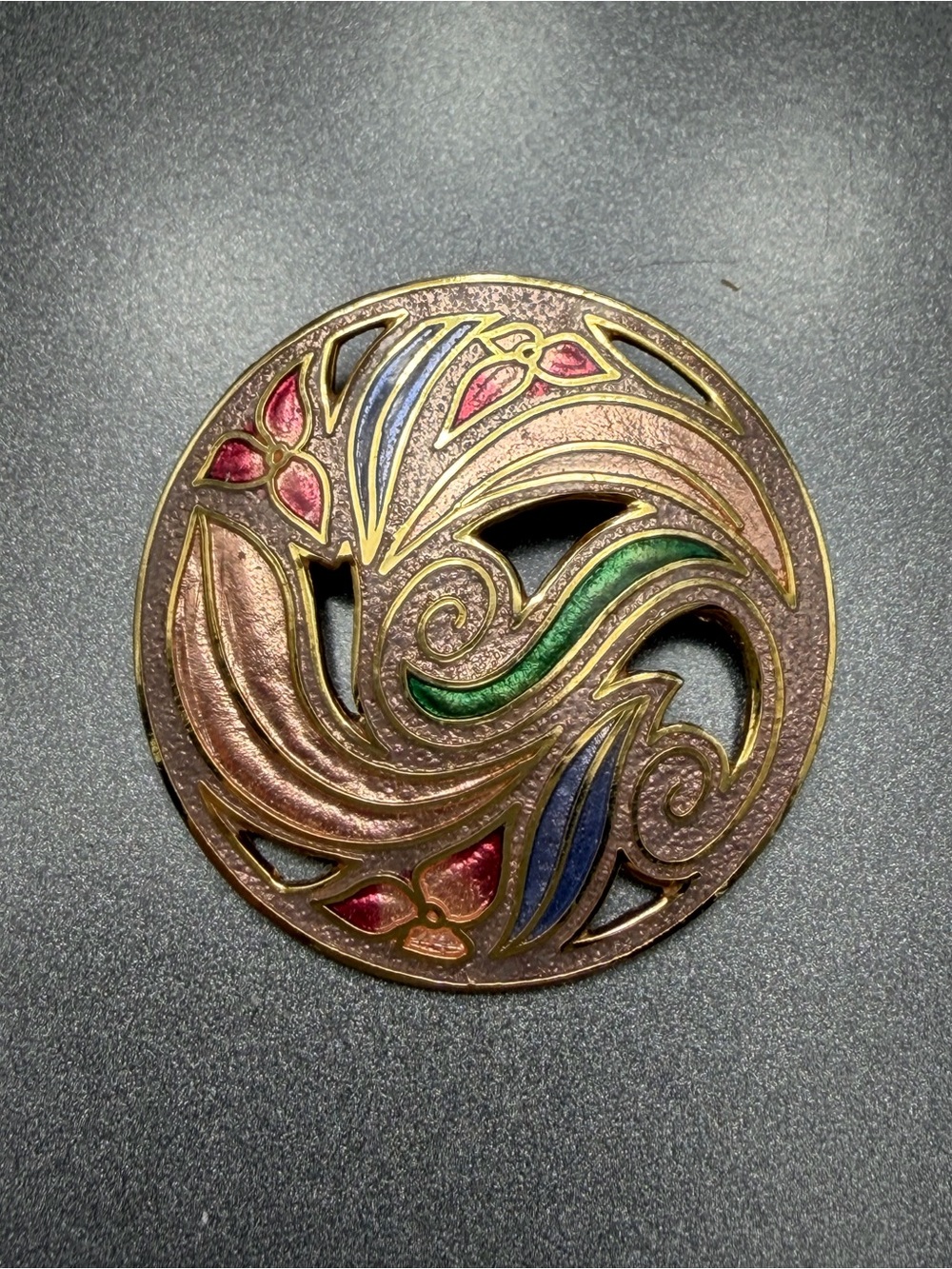 Vintage Cloisonnรฉ Enamel Swirl Round Brooch #cz581